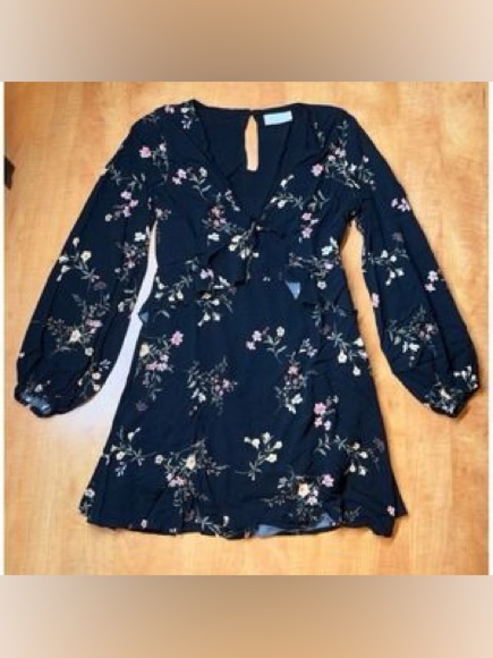 Altar'd State black Floral Long-Sleeve Dress with tie front detail